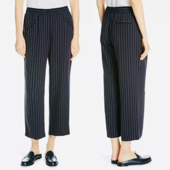 Eileen Fisher Indigo Pinstripe Crop Pants Large Wide Leg Tencel Blend Navy White - Picture 3 of 8